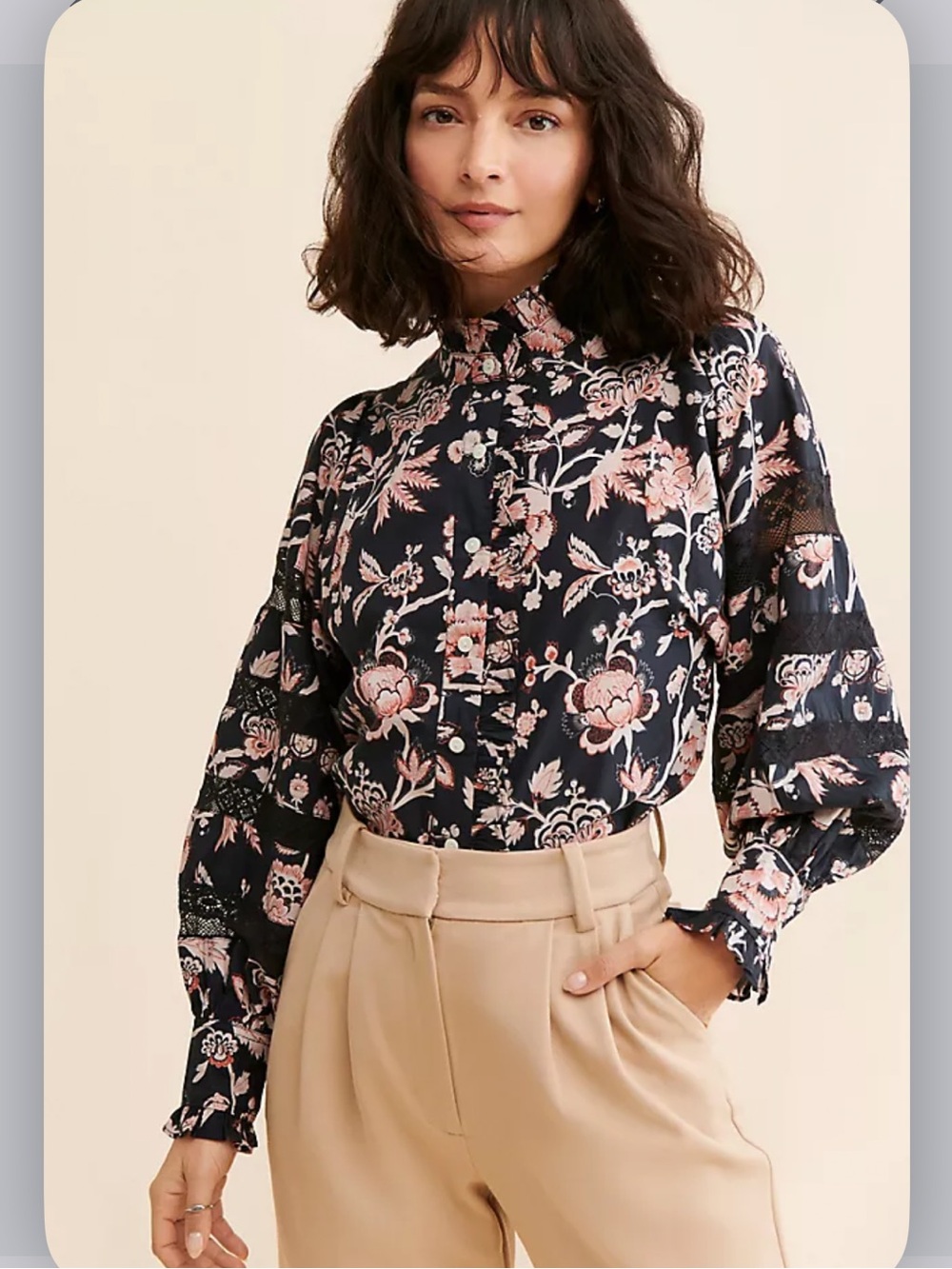 Anthropologie Love The Label Floral Lace Blouse Size Small High-Neck Button Down